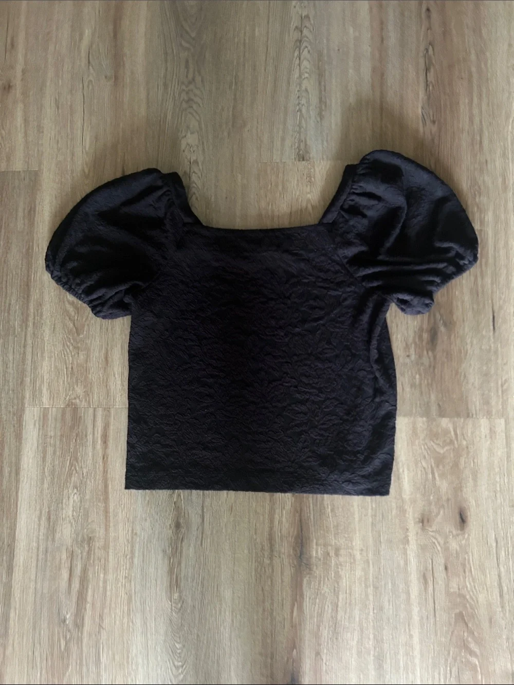 LOFT Black Textured  Puff Sleeve Square Neck Top Small